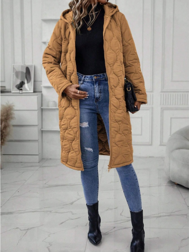 151a5f58-7ab6-45ce-b249-304b1c30f635.jpg Ladies' Solid-Colored Zipper Fly Hooded Padded Coat - Image 1