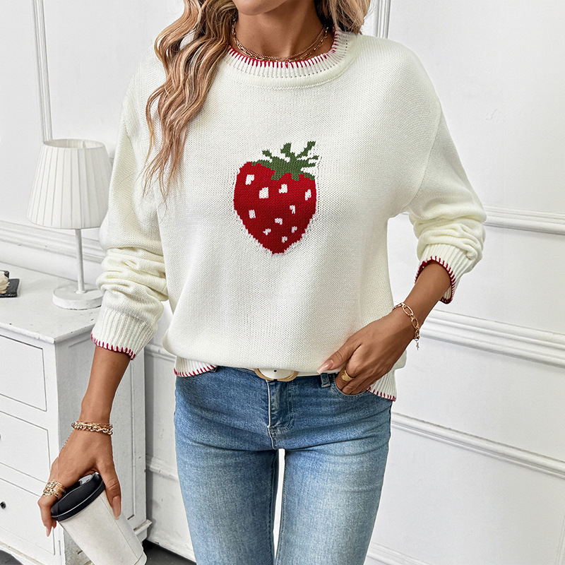 17633b4e-45f5-450f-85fc-44de48b5b9df.jpg Strawberry Jacquard Sweater Pullover - Image 1