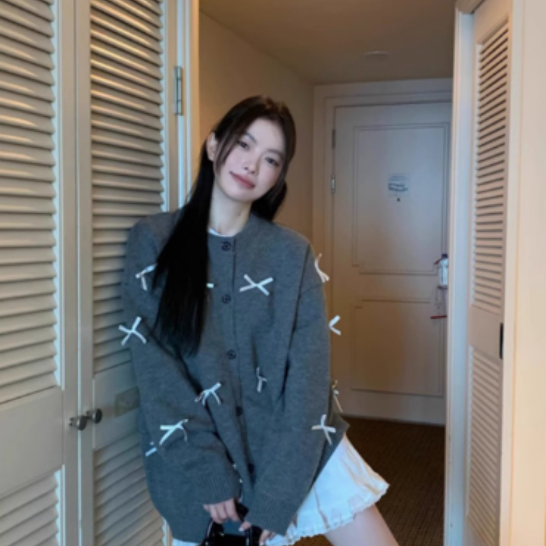 33a32406-f21a-48c4-a410-e7278e9dbb43.jpg Bow Tie Round Neck Sweater Jacket For Women, Loose In Winter - Image 1