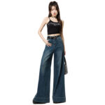 Dark Blue Narrow Version Korean Simple High Waist Loose Small Mop Wide Leg Pants - Image 7